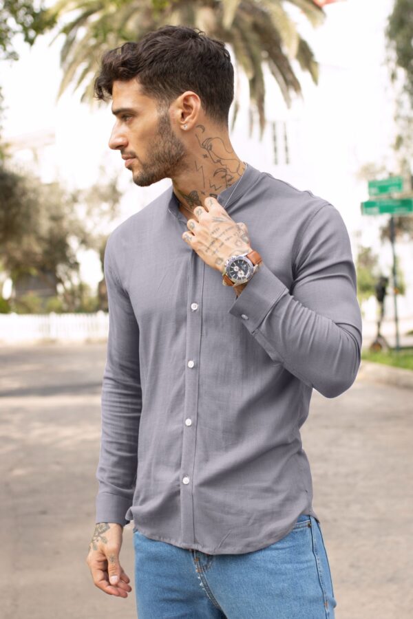 Camisa Lino Manga Larga Gris - Imagen 2