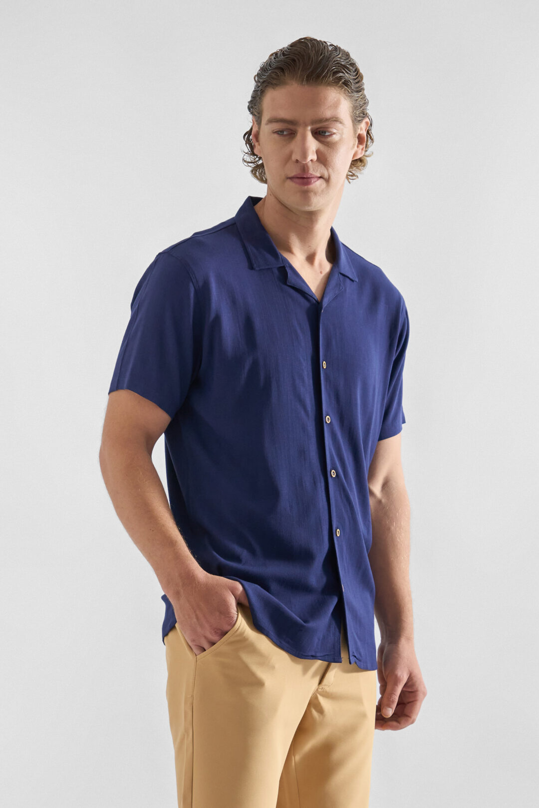 Camisa Lino Cuello Cubano Azul